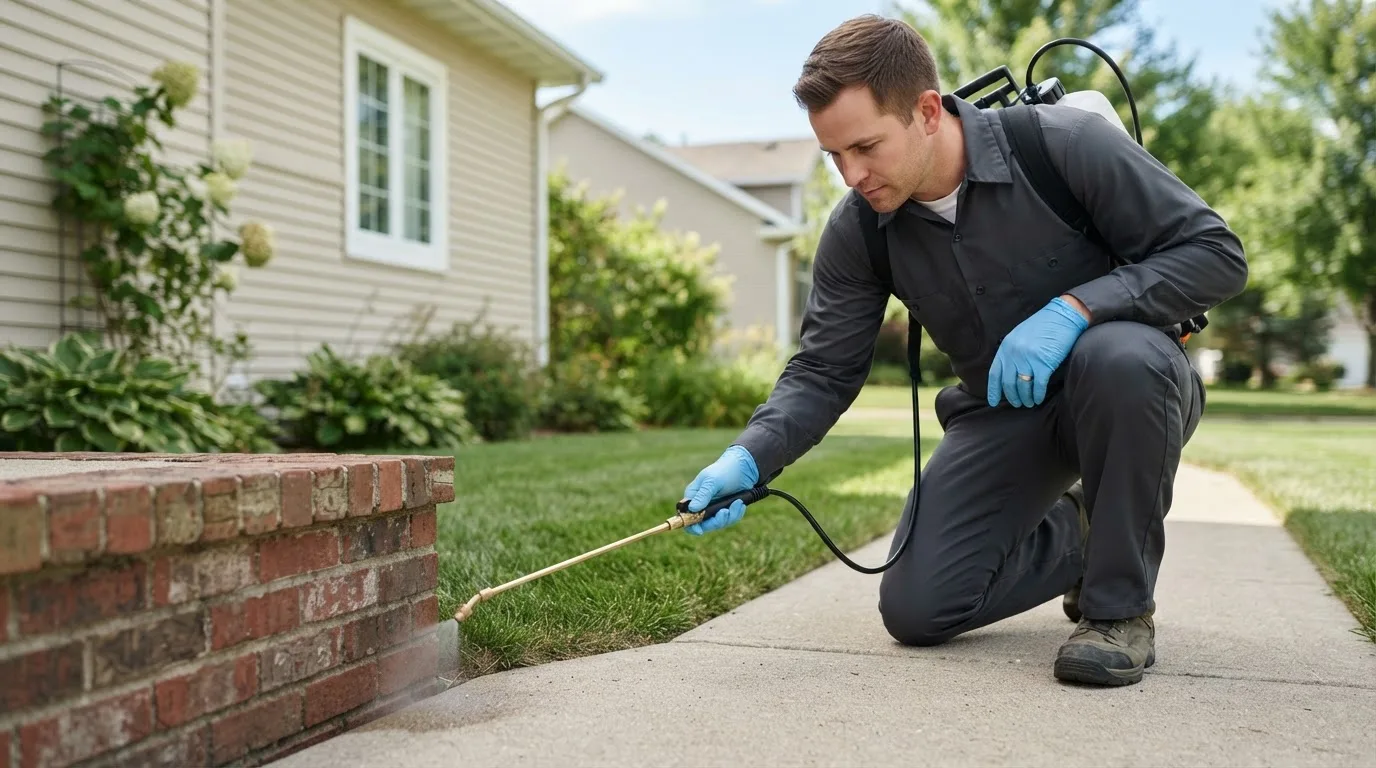Pest control technician treating a home near Britt, MN